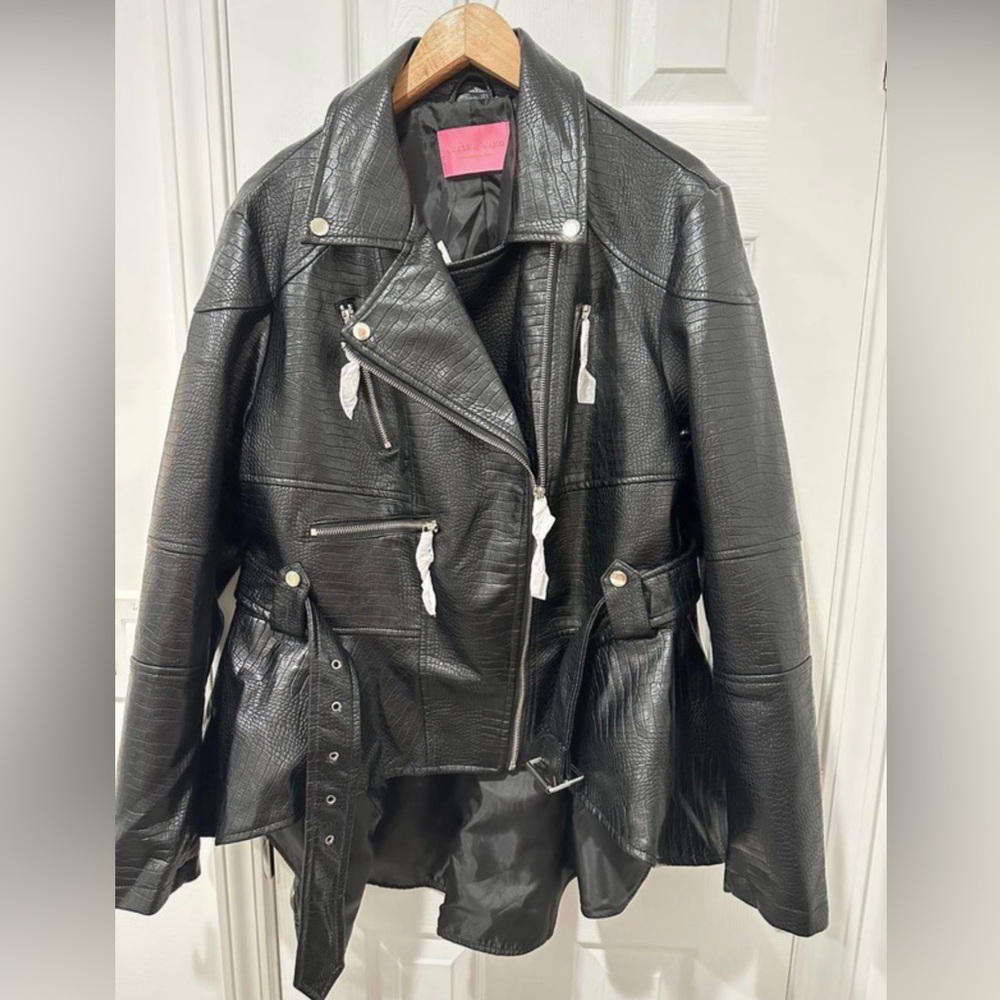 AKIRA Black Faux Leather Moto Jacket with Asymmetric Zip